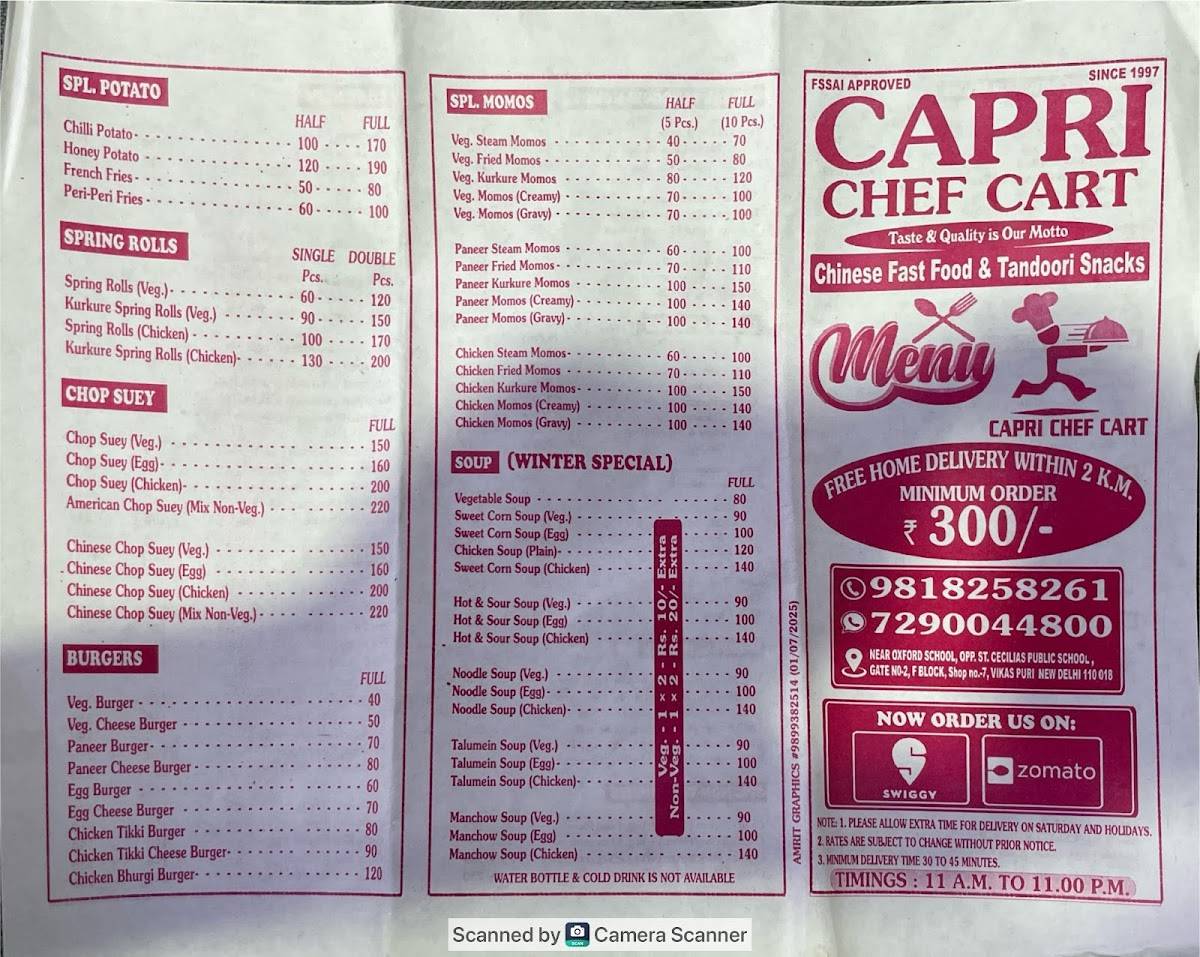 Capri Chef Cart menu