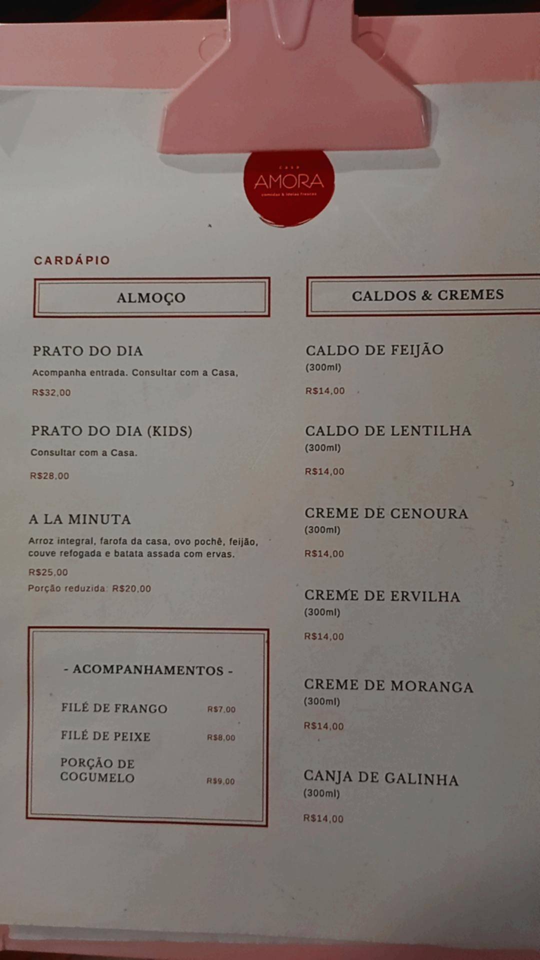 Casa Amora cardápio