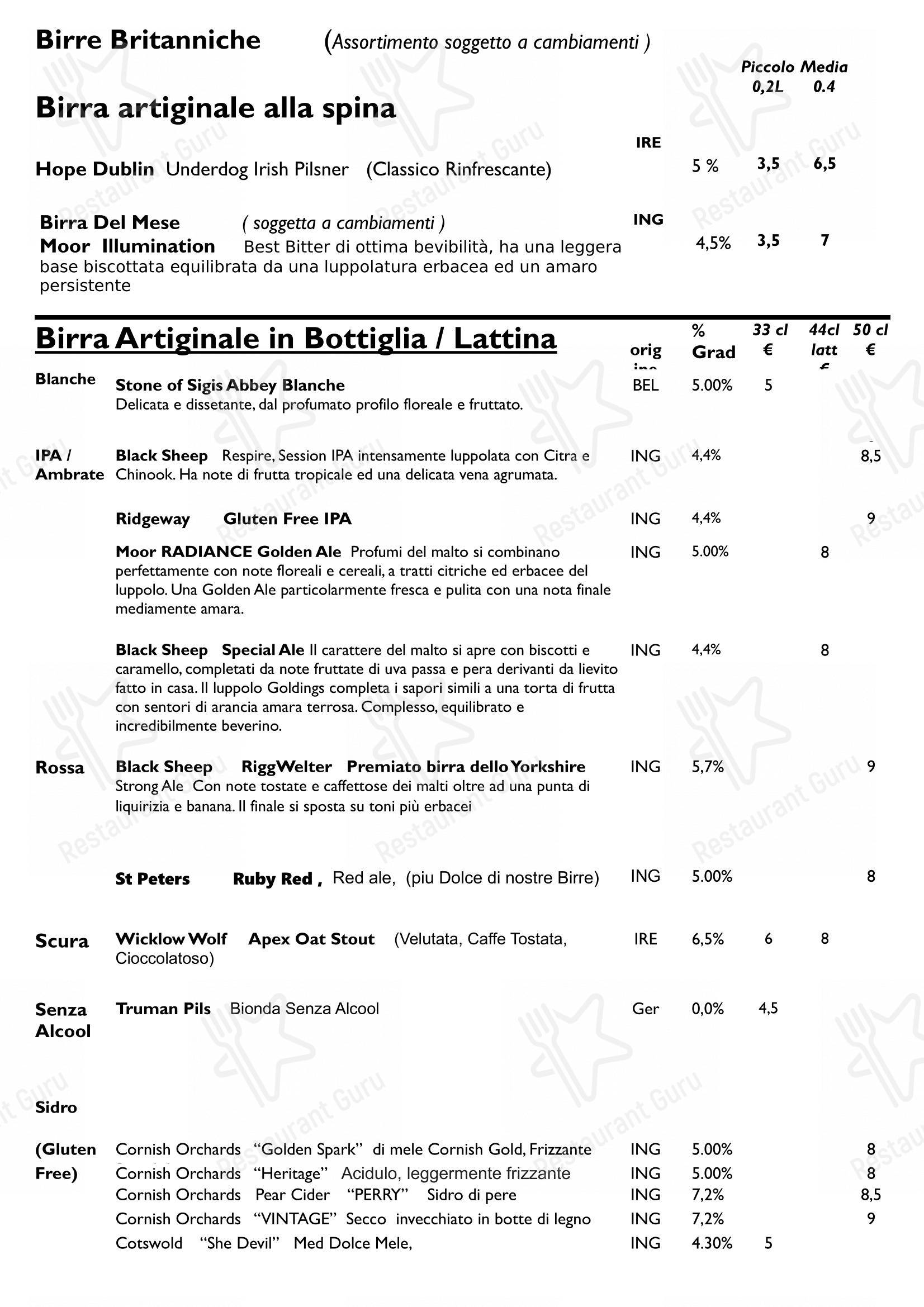 Menu per Casa Manitù pub & bar