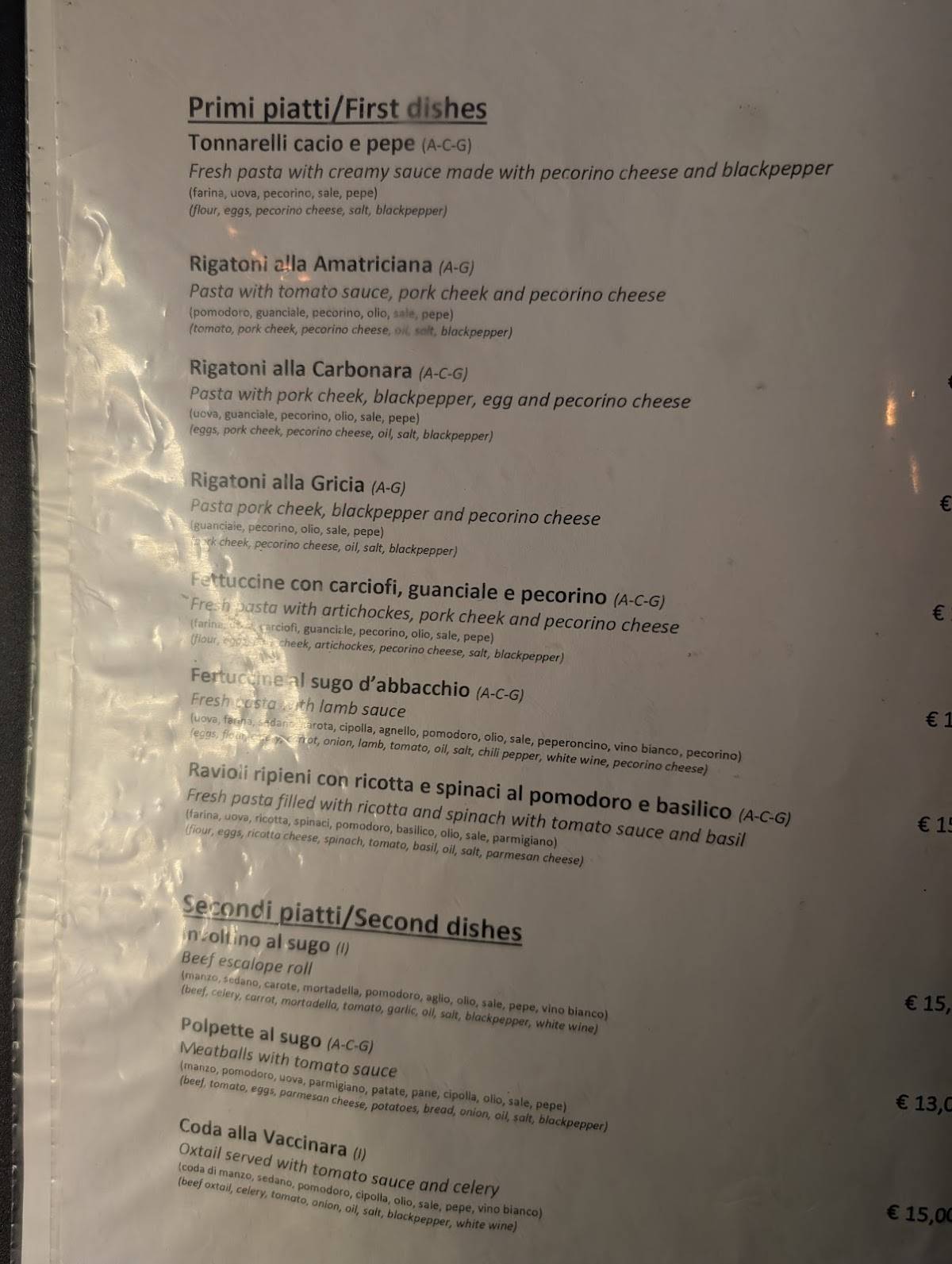 Menu di Casa Prati 