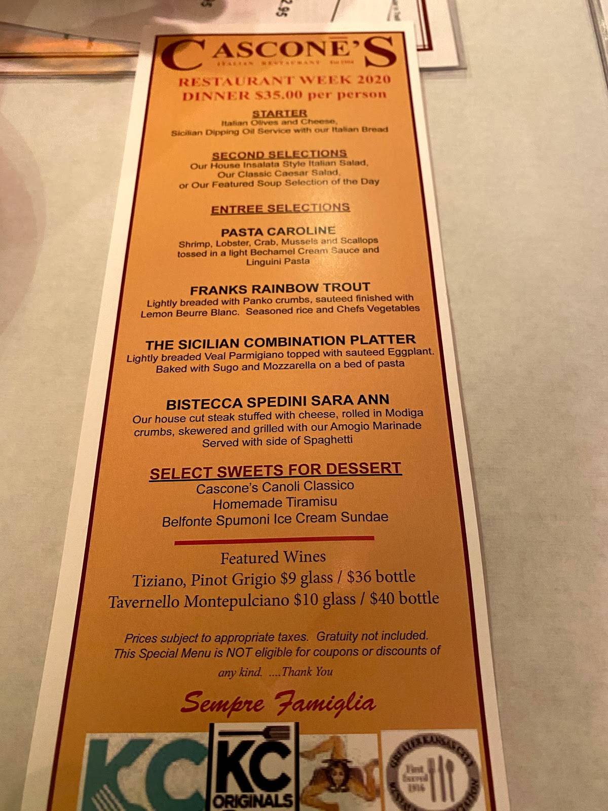 Menu at Cascone's restaurant, Kansas City, N Oak Trafficway