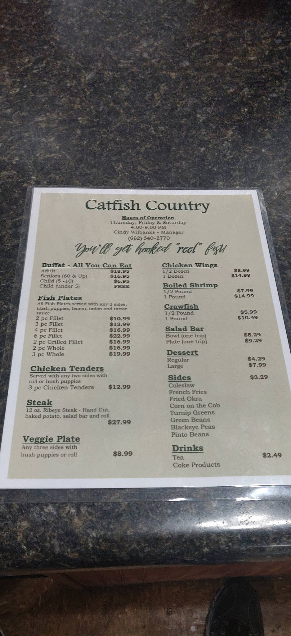 Menu at Catfish Country restaurant, Booneville, US45