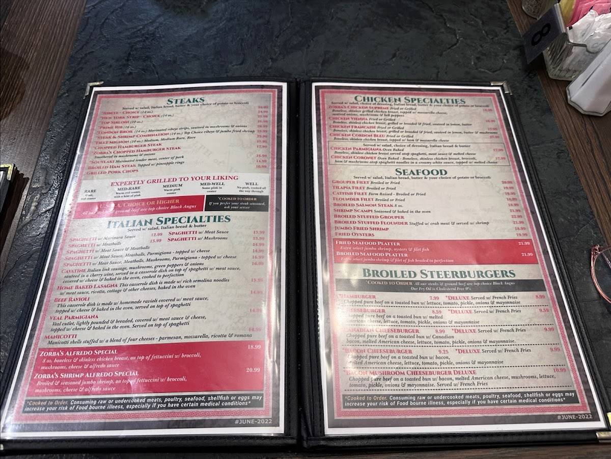 Menu at Zorba's restaurant, Cedartown