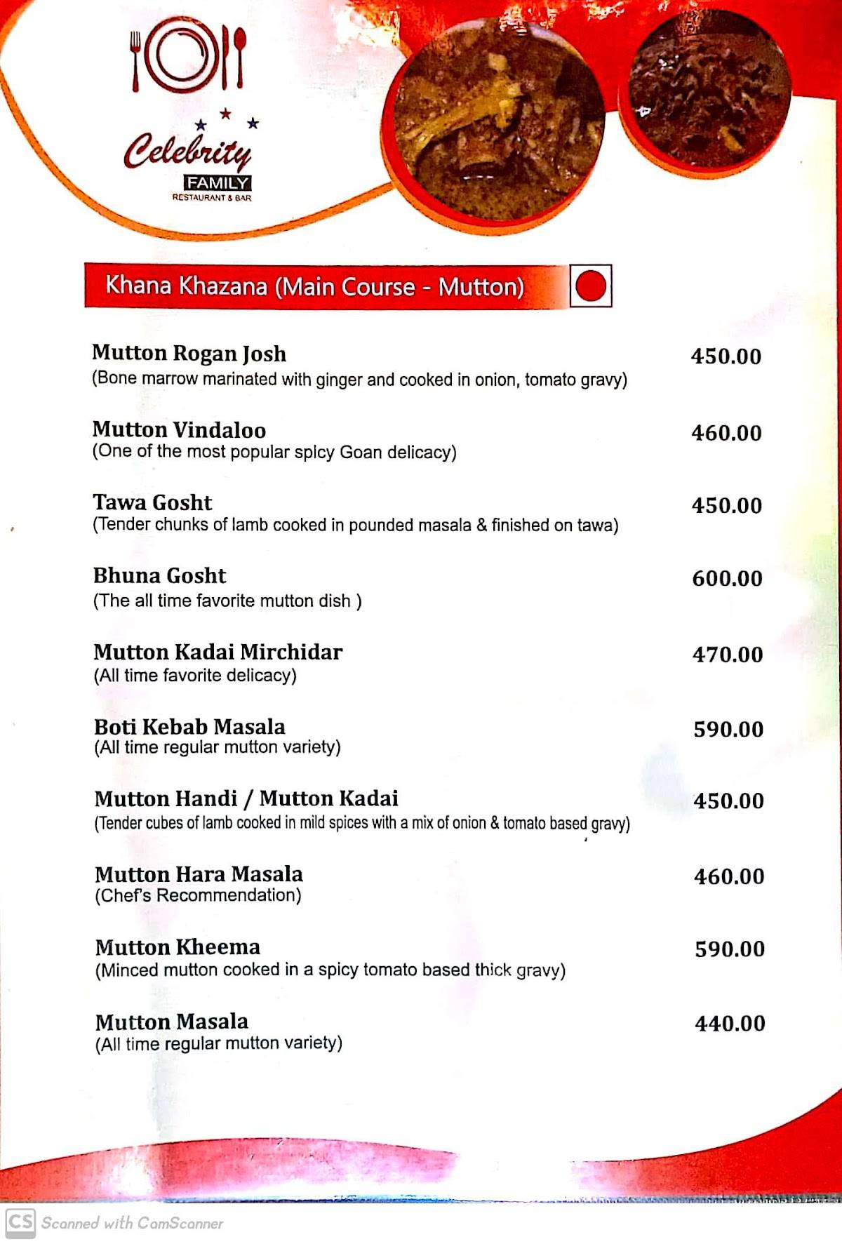 Hotel Celebrity menu