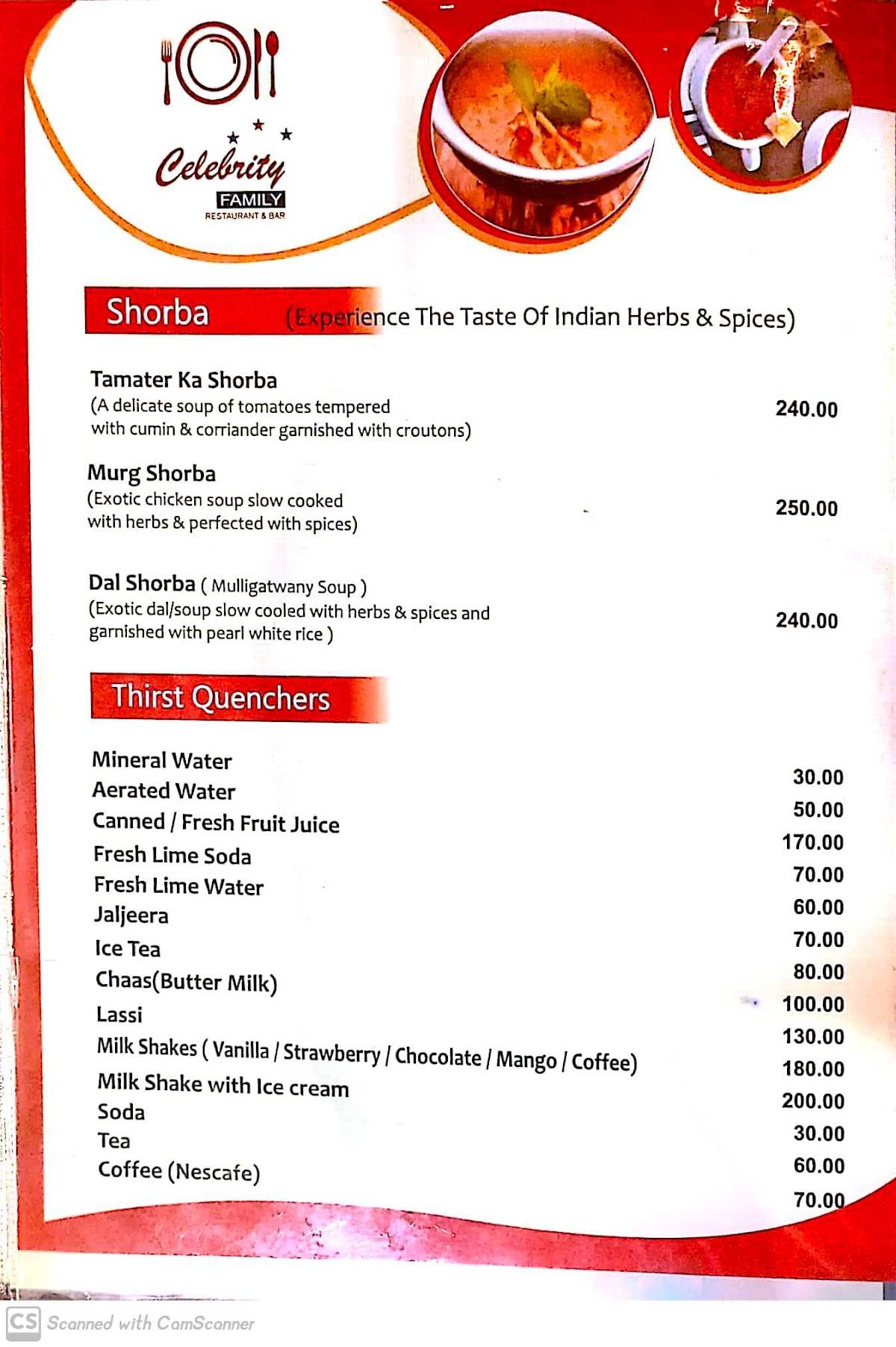 Hotel Celebrity menu