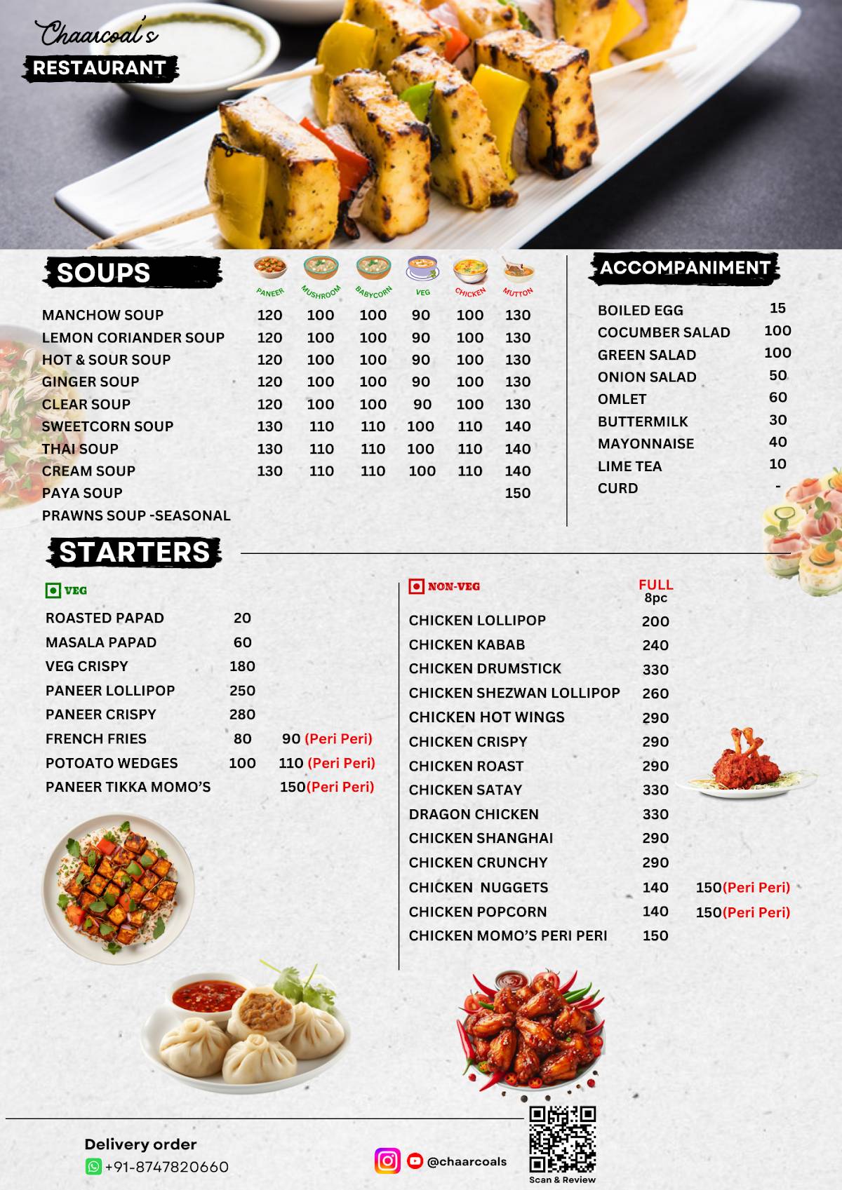 Chaarcoal’s Family Restuarant menu