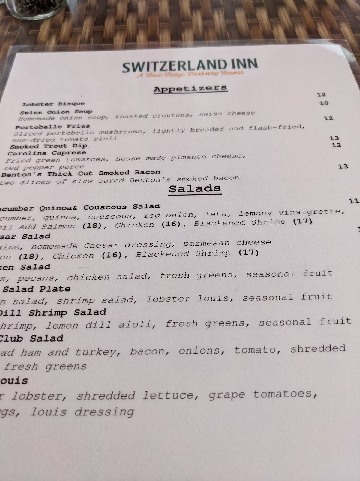 Menu at Chalet Restaurant, Little Switzerland