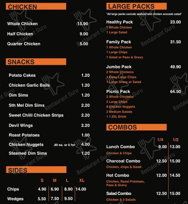 Menu at Wheelers Hill Charcoal Chicken restaurant, Wheelers Hill