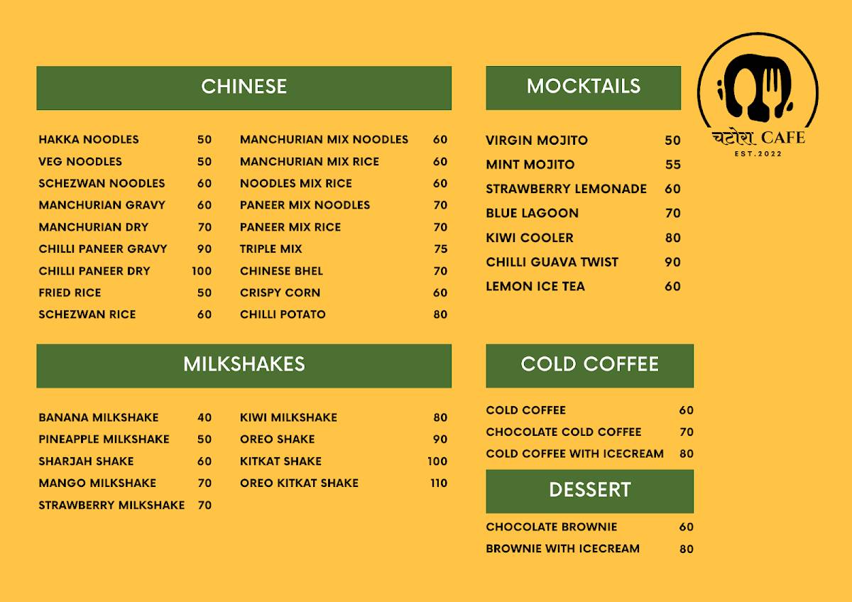 Chatora Cafe menu