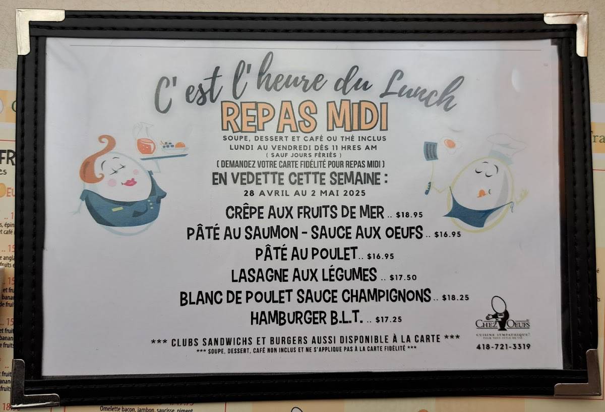 Menu de Chez Oeufs Restaurant Déjeuners et Dîners