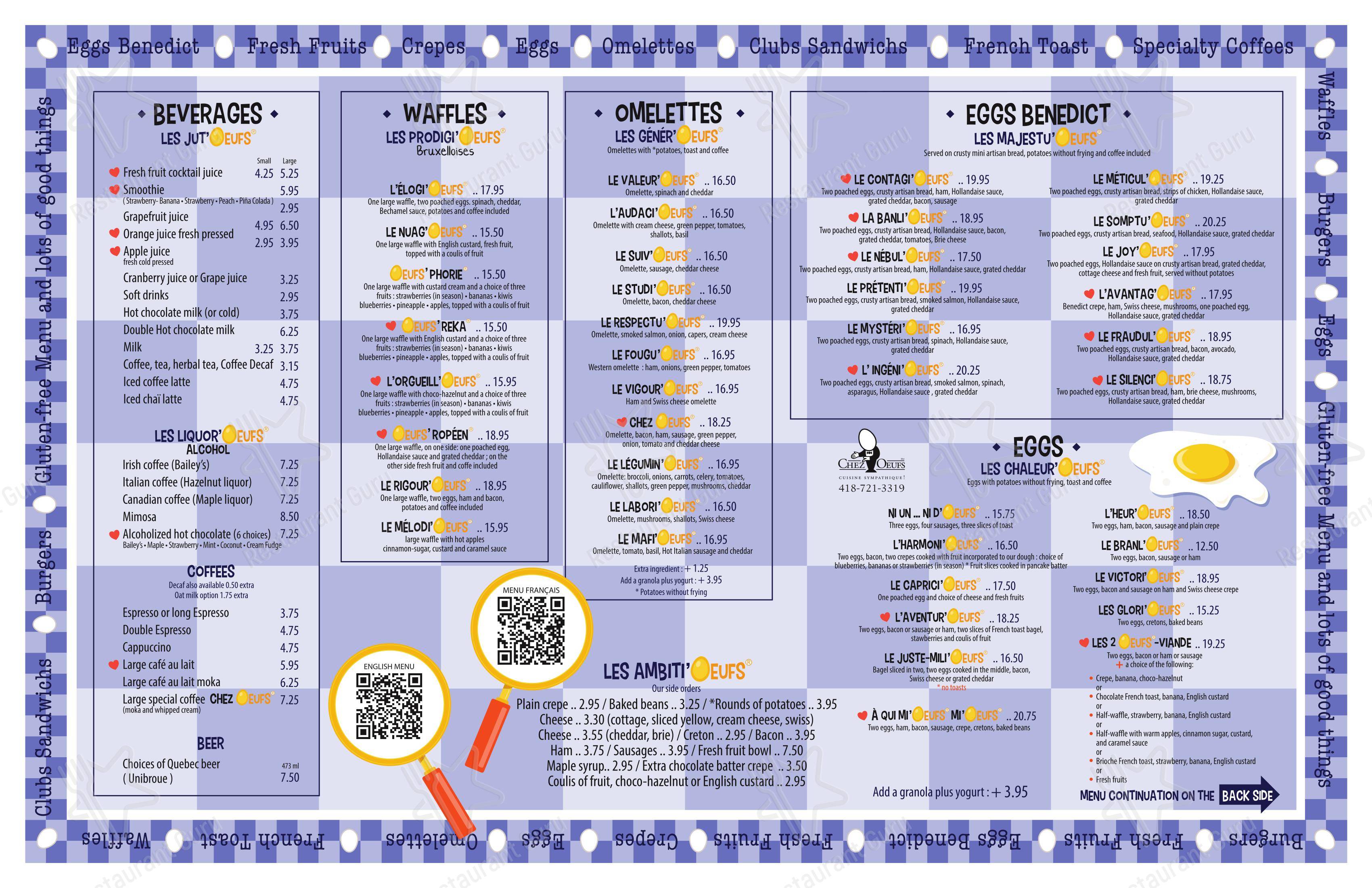 Menu bar pour Chez Oeufs Restaurant Déjeuners et Dîners dans Rimouski