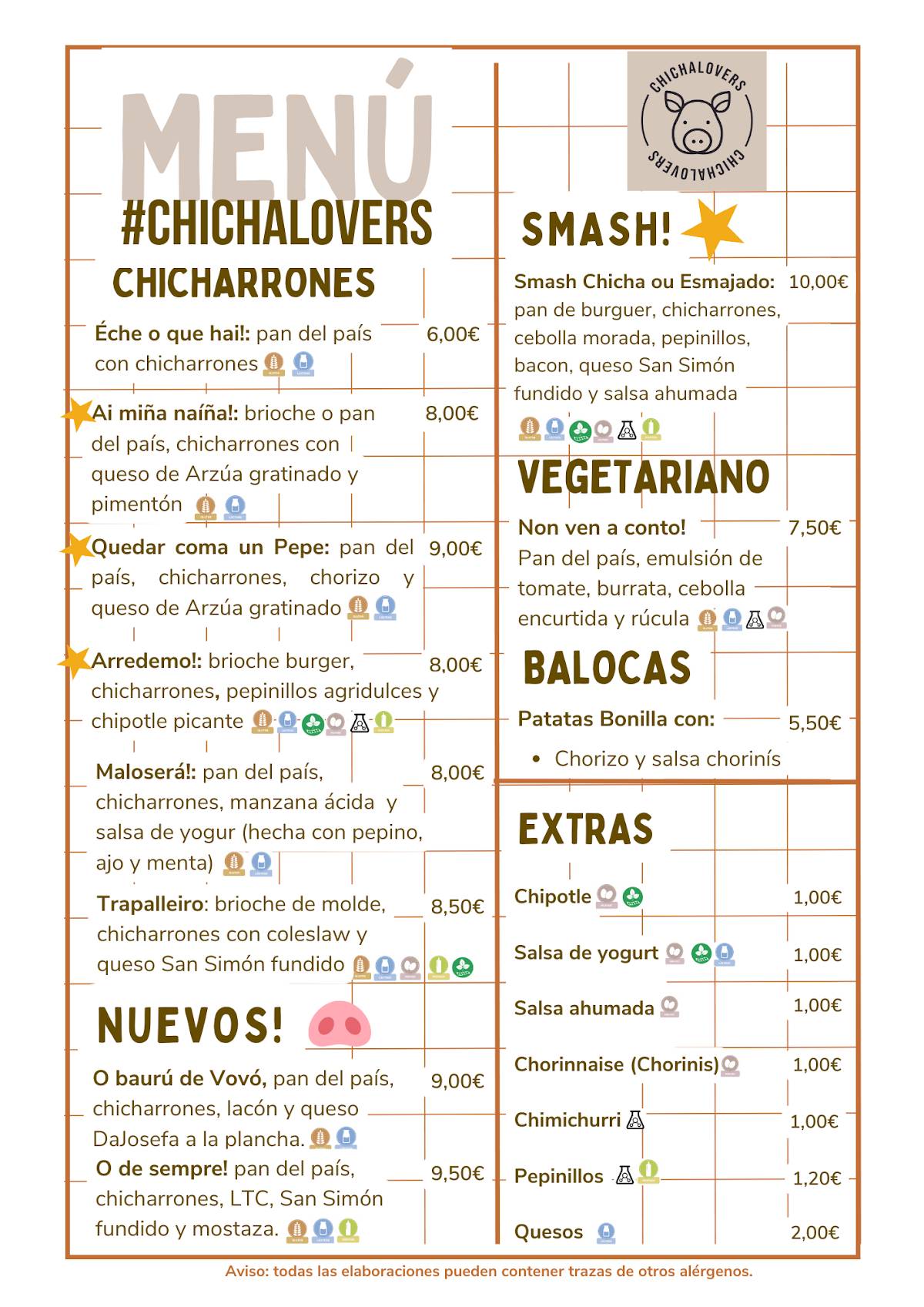 Menu at Chichalovers, Santiago de Compostela