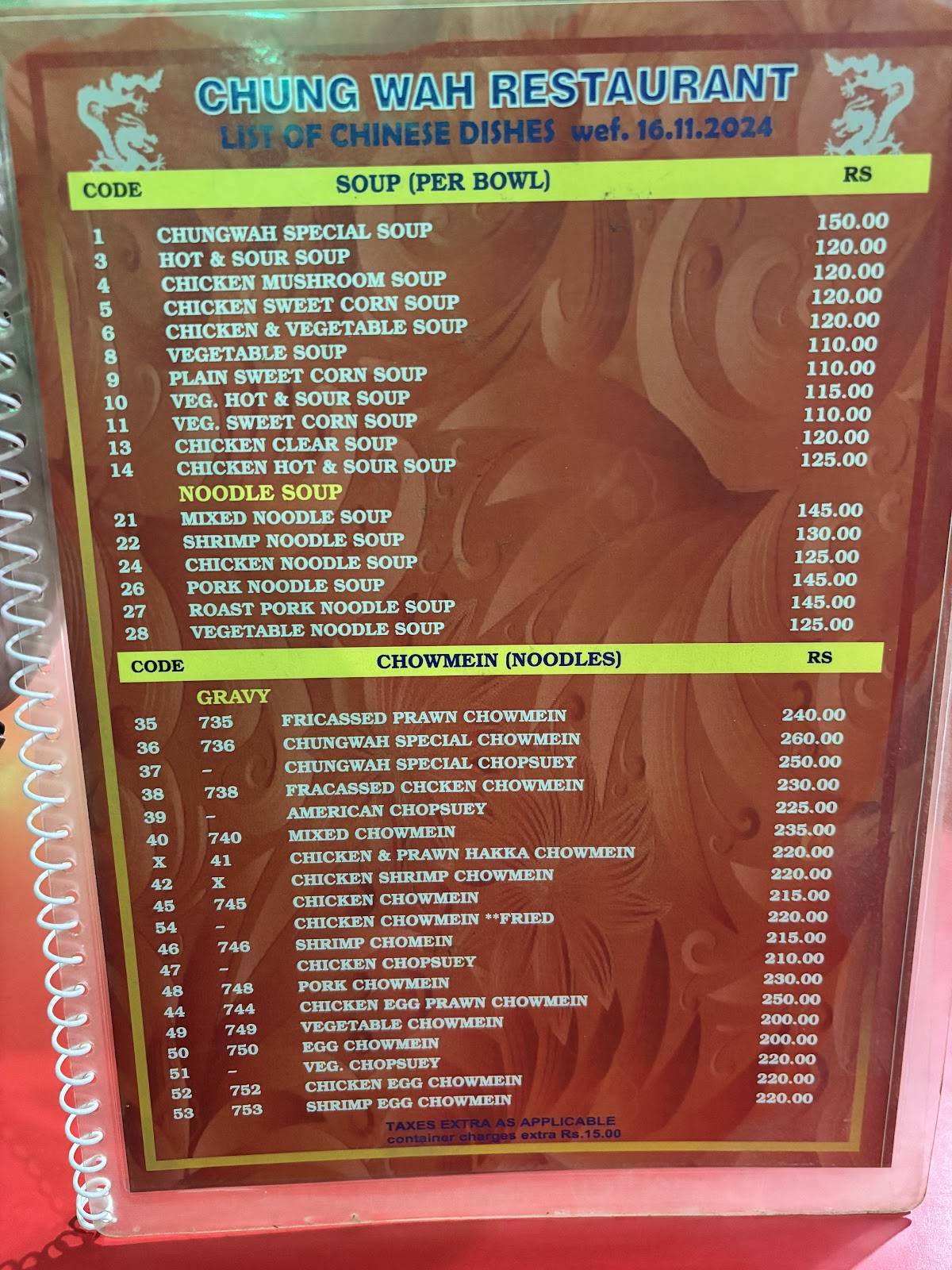 Chung Wah menu
