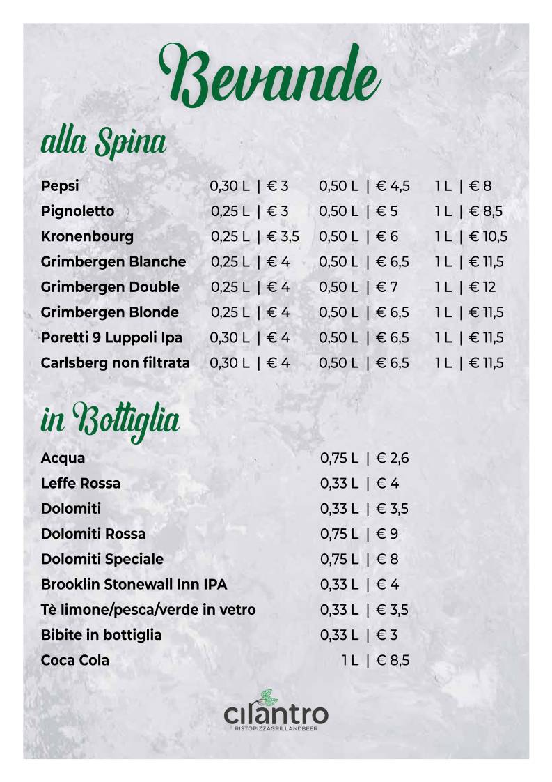 Menu di Cilantro - Ristorante Pizzeria Carne alla brace 