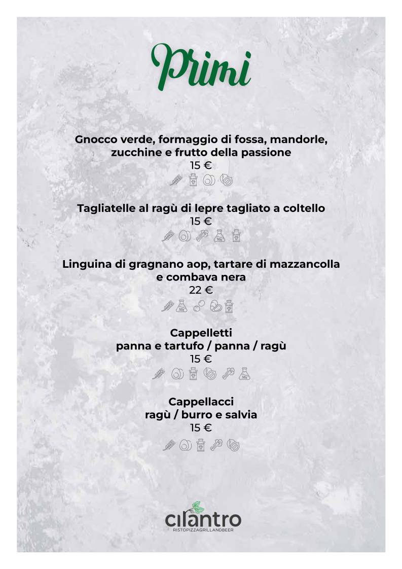 Menu di Cilantro - Ristorante Pizzeria Carne alla brace 