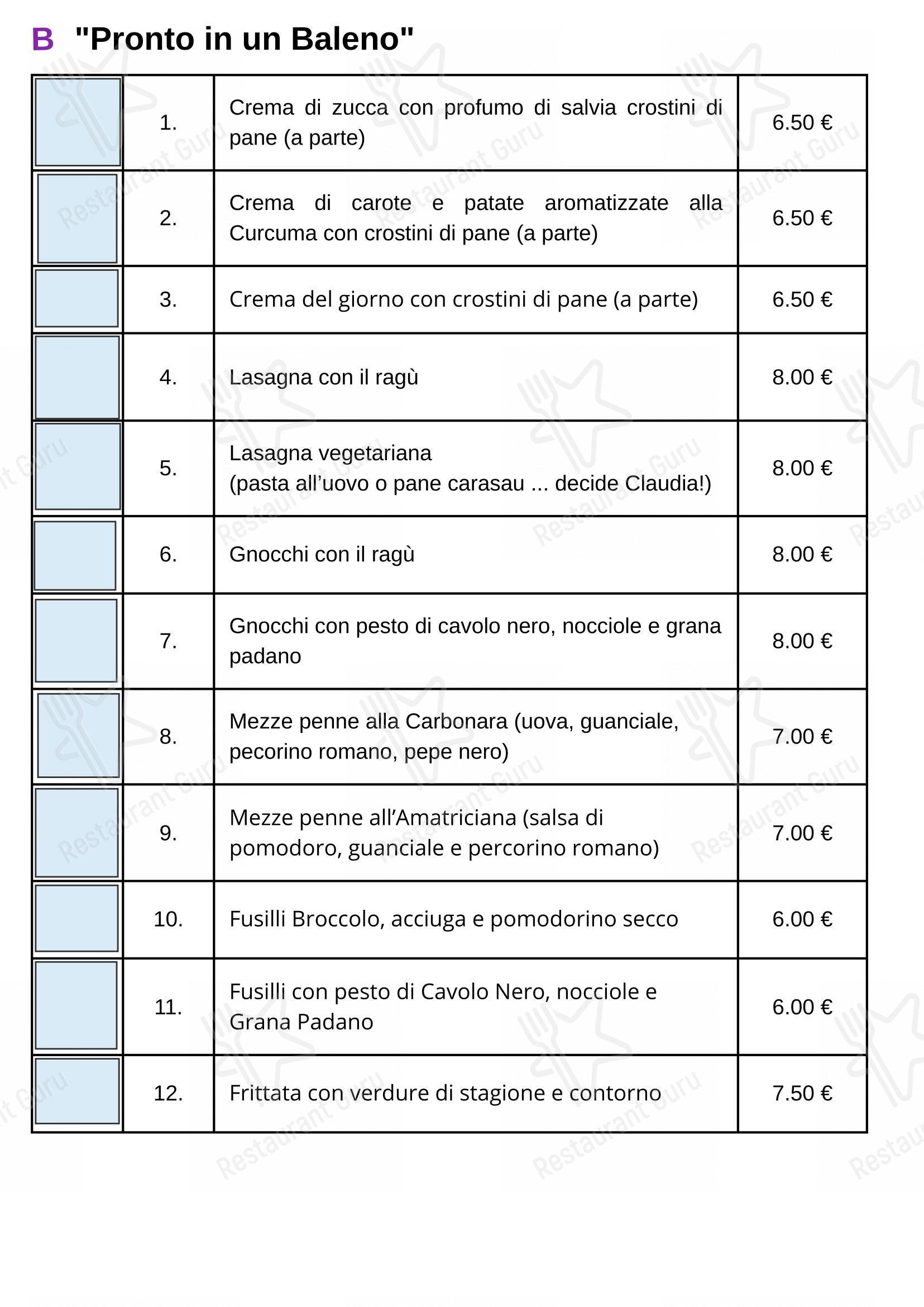 Menu per CLafè in Padova