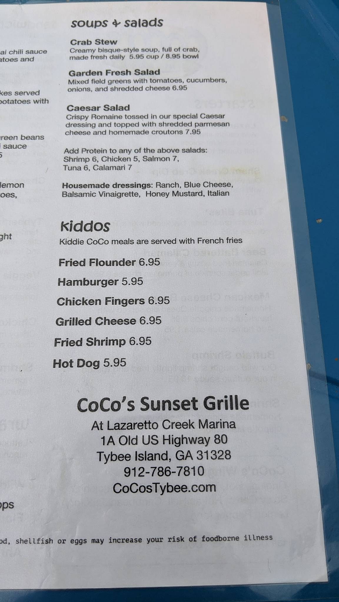 Menu at CoCo's Sunset Grille pub & bar, Tybee Island