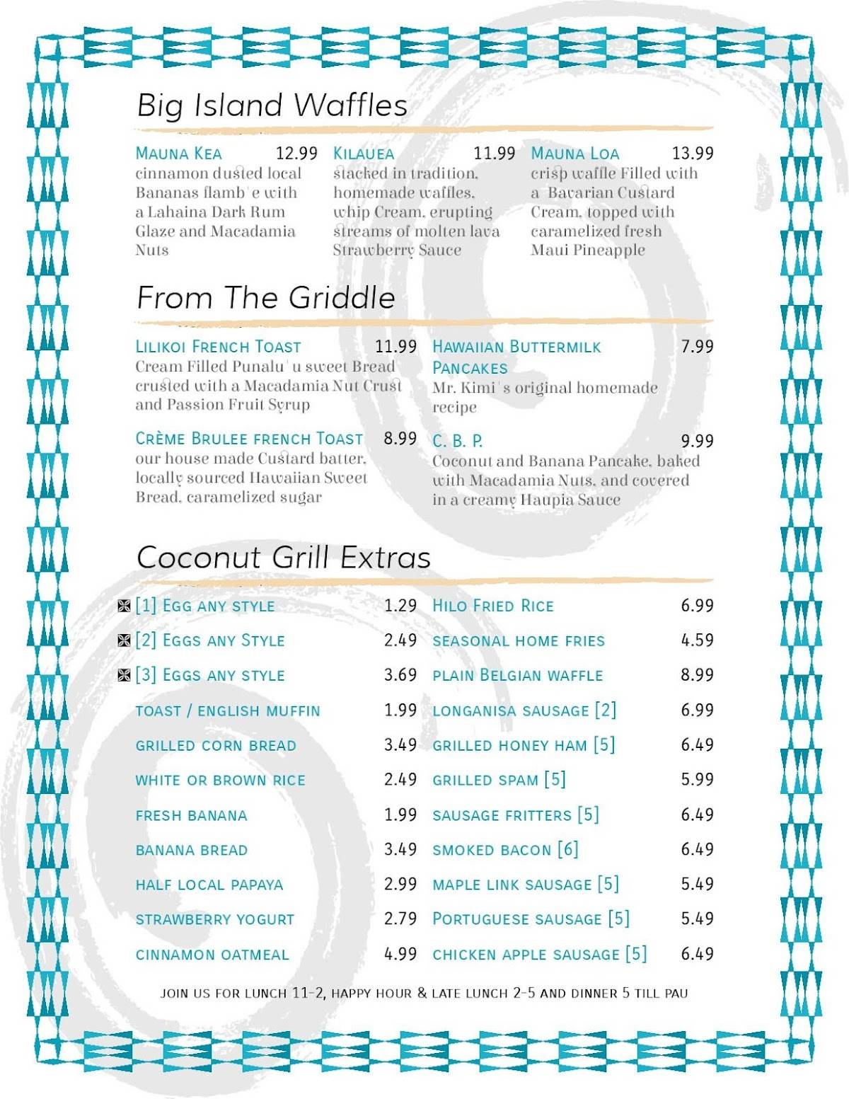 Menu at Coconut Grill restaurant, Hilo