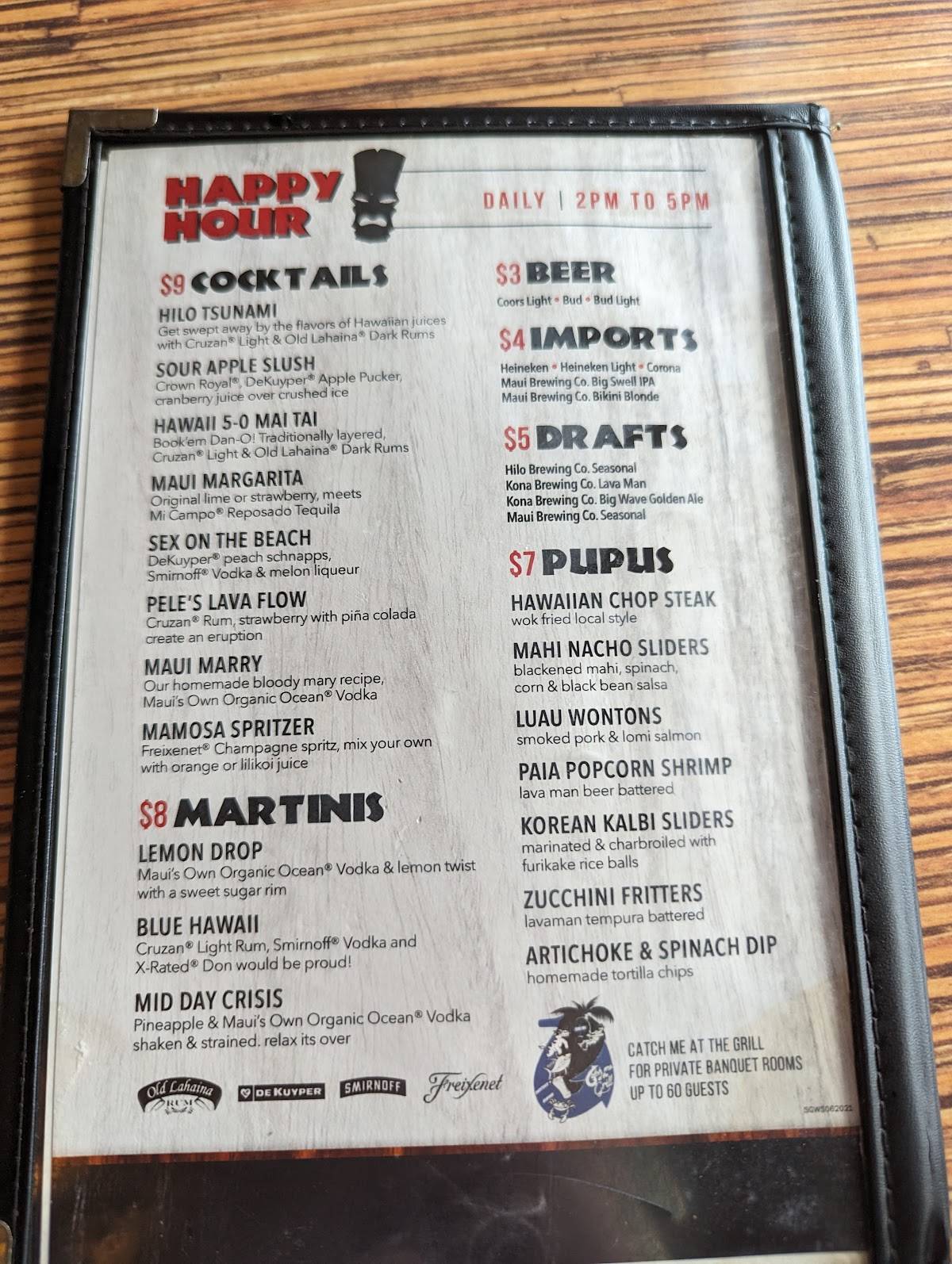 Menu at Coconut Grill restaurant, Hilo