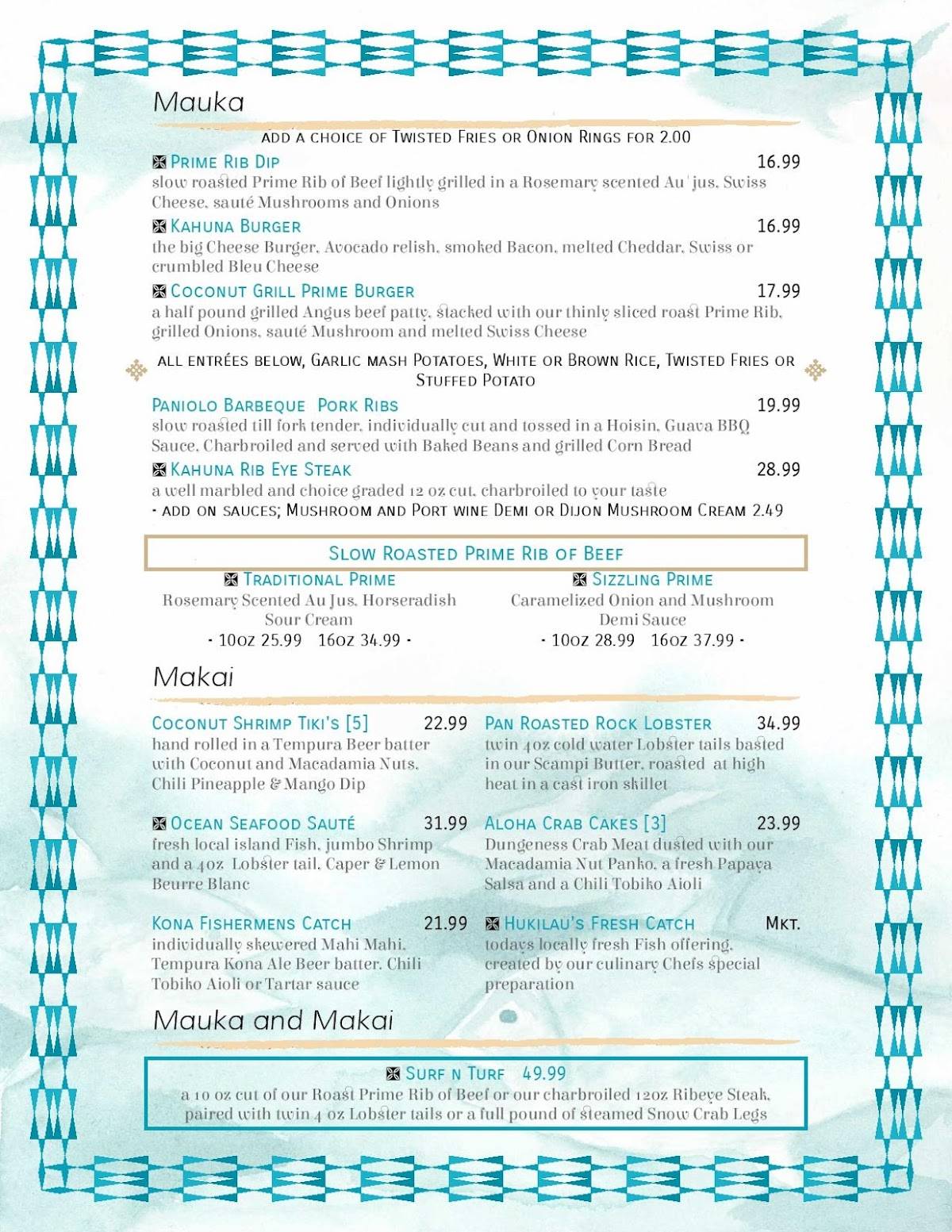Menu at Coconut Grill restaurant, Hilo