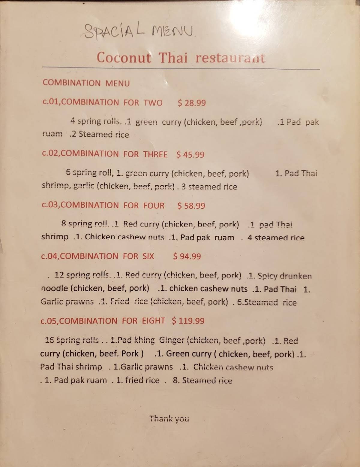 Menu at Coconut Thai Restaurant (Chilliwack), Chilliwack