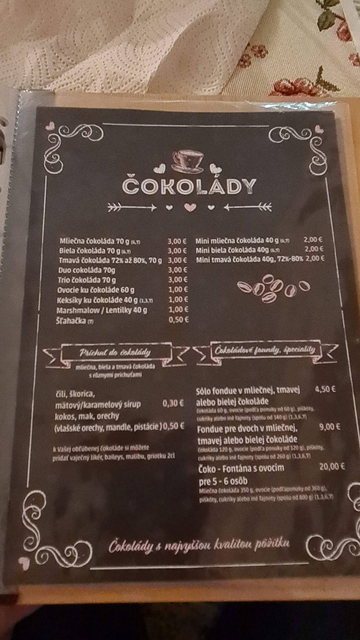 Menu au Čokoládovňa ČokoČoko café, Spišská Nová Ves