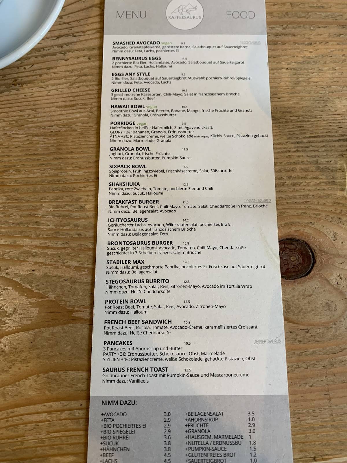 Menu de Kaffeesaurus