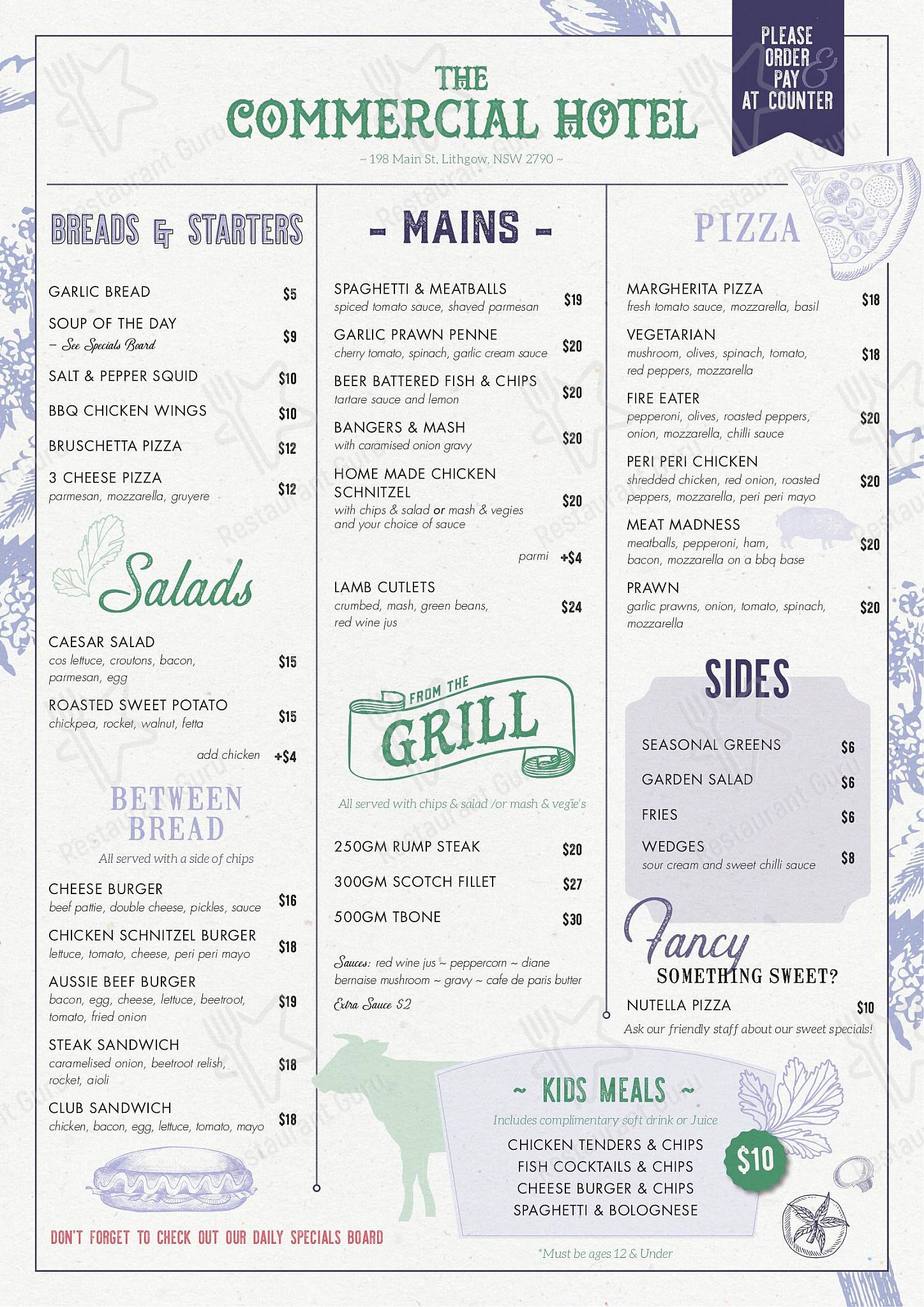 Menu at Commercial Hotel Motel pub & bar, Lithgow