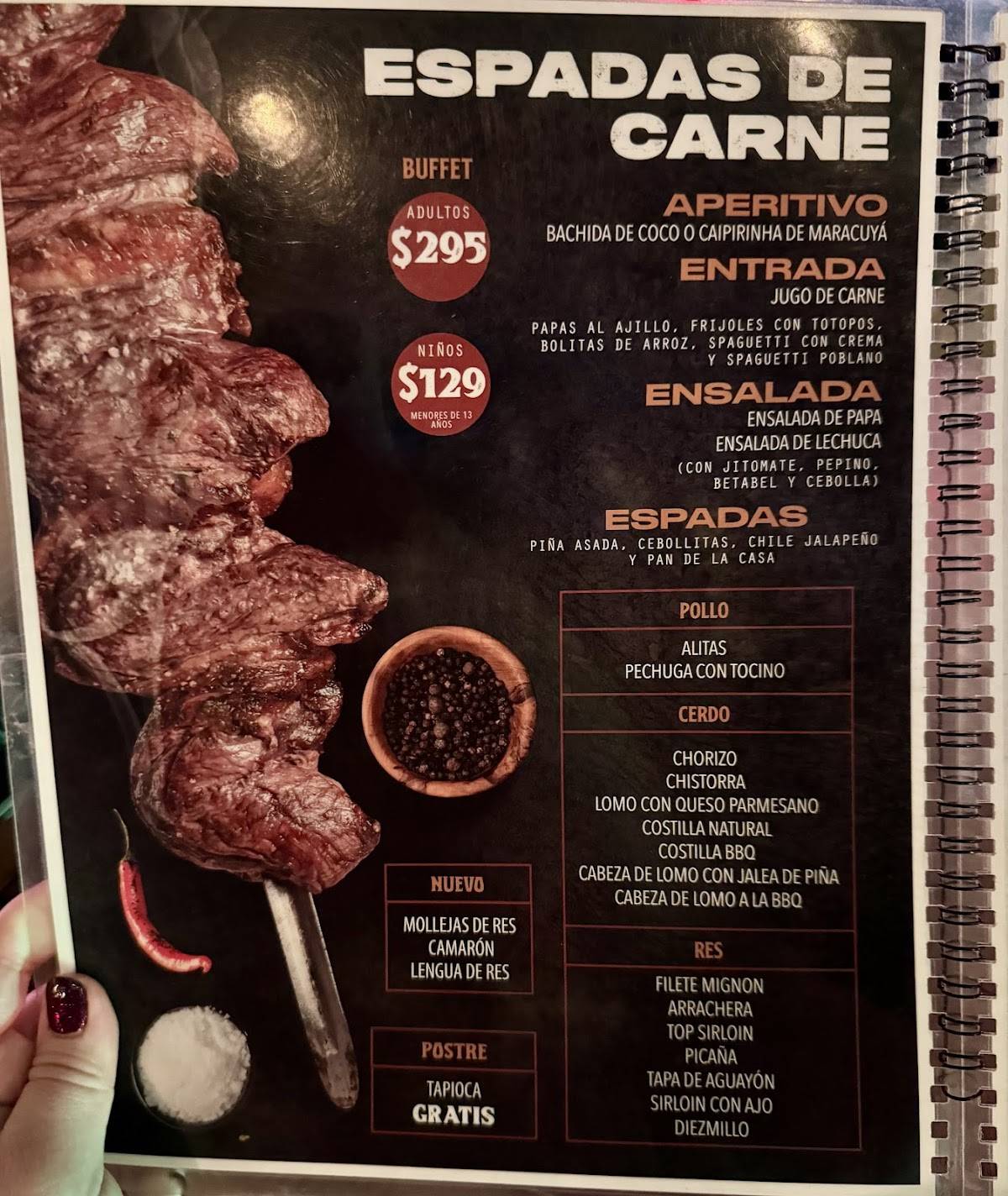 Carta del restaurante Copacabana. Espadas Brasileñas, Morelia