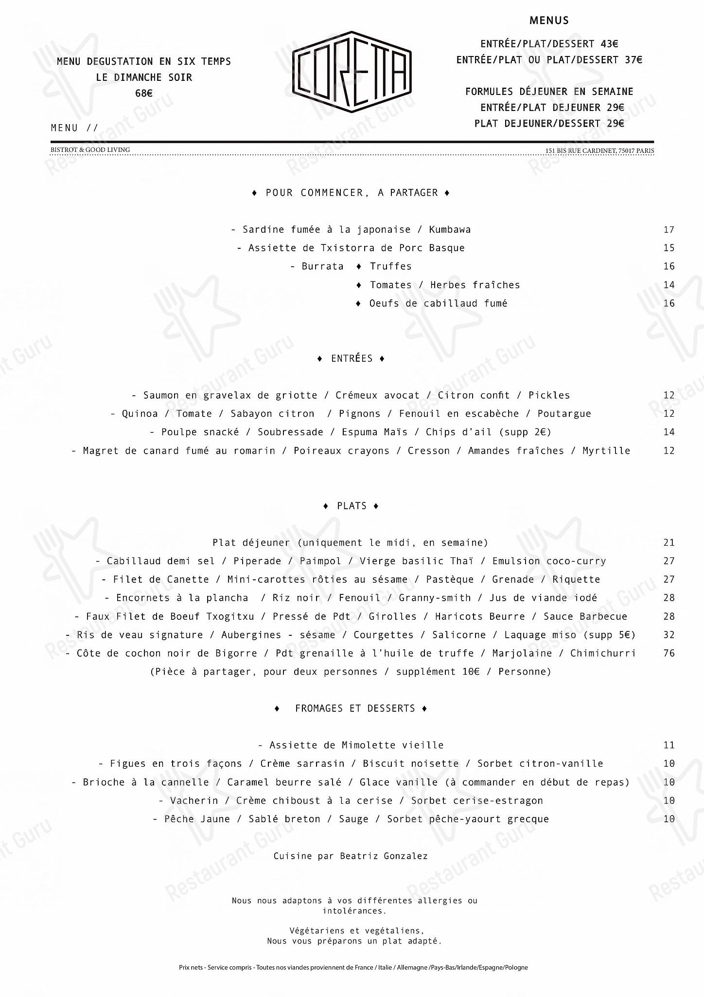 Set menu pour Coretta restaurant