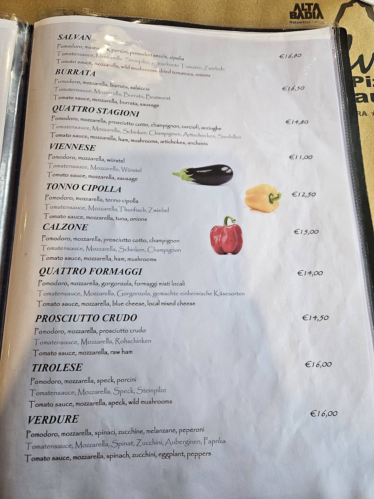 Menu di Pizzeria Ristorante Salvan - Corvara in Badia (bz) 