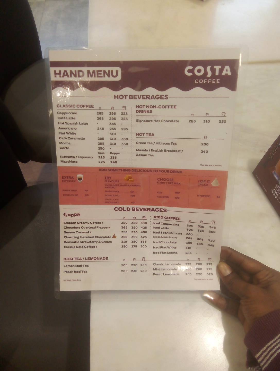 Costa Coffee menu