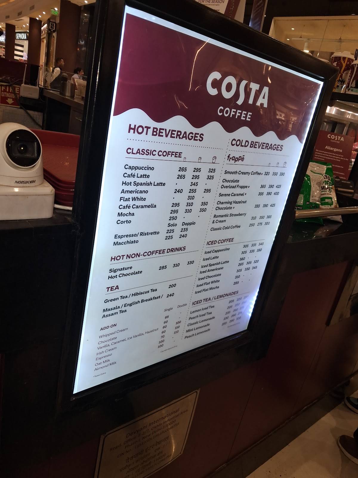Costa Coffee menu