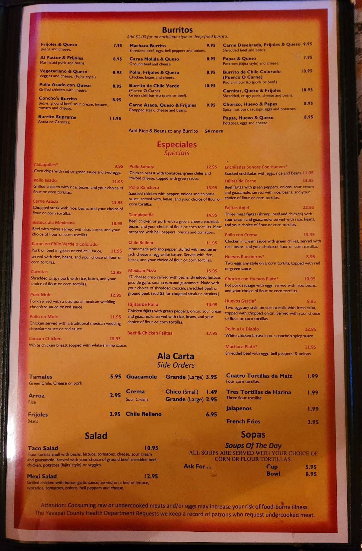 Menu at Conchos Mexican Restaurant, Cottonwood, 206 S Main St