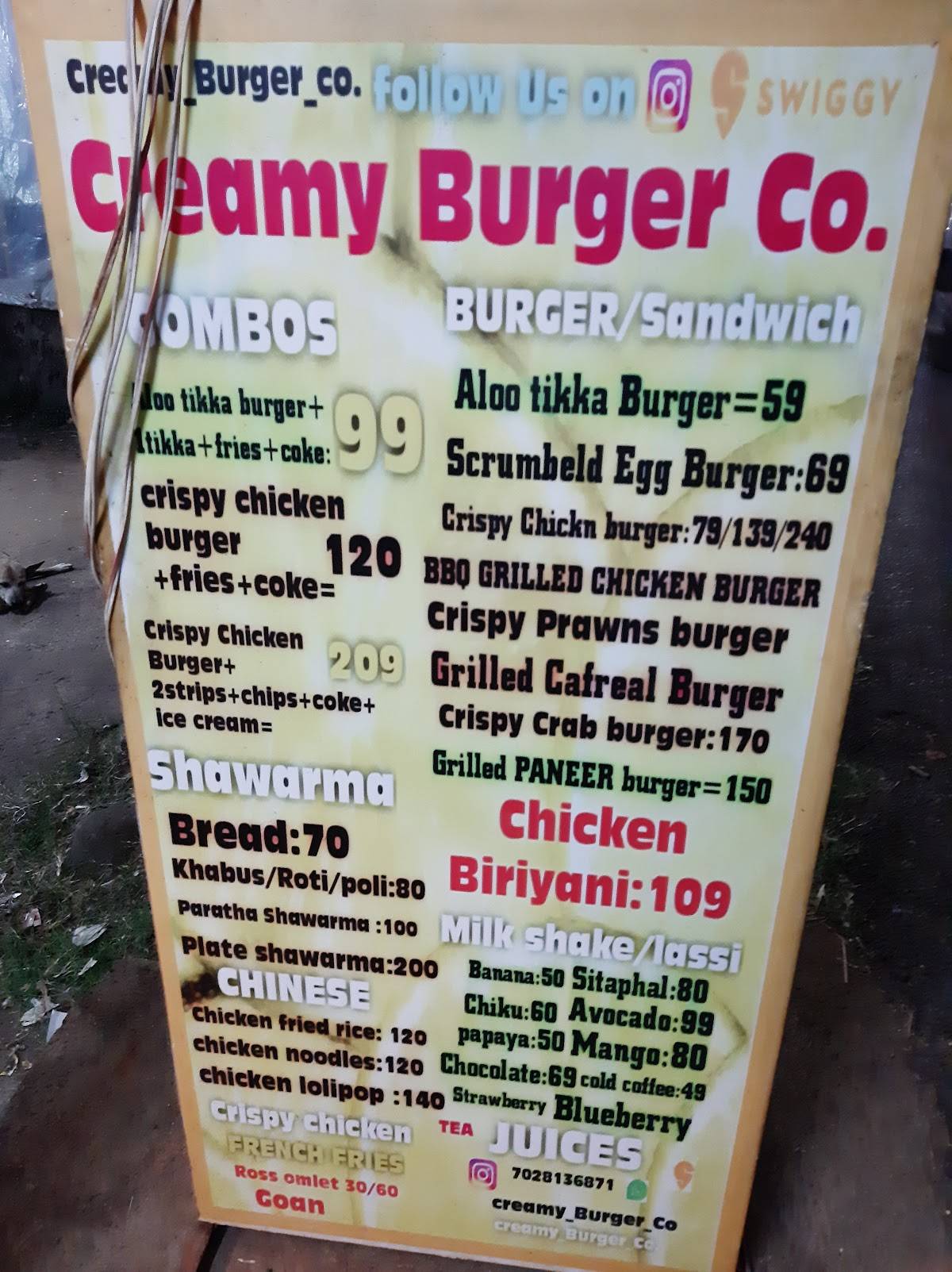 Creamy Burger Co. menu
