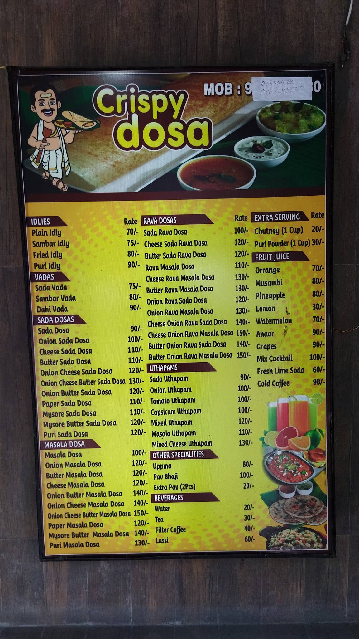 Crispy dosa menu
