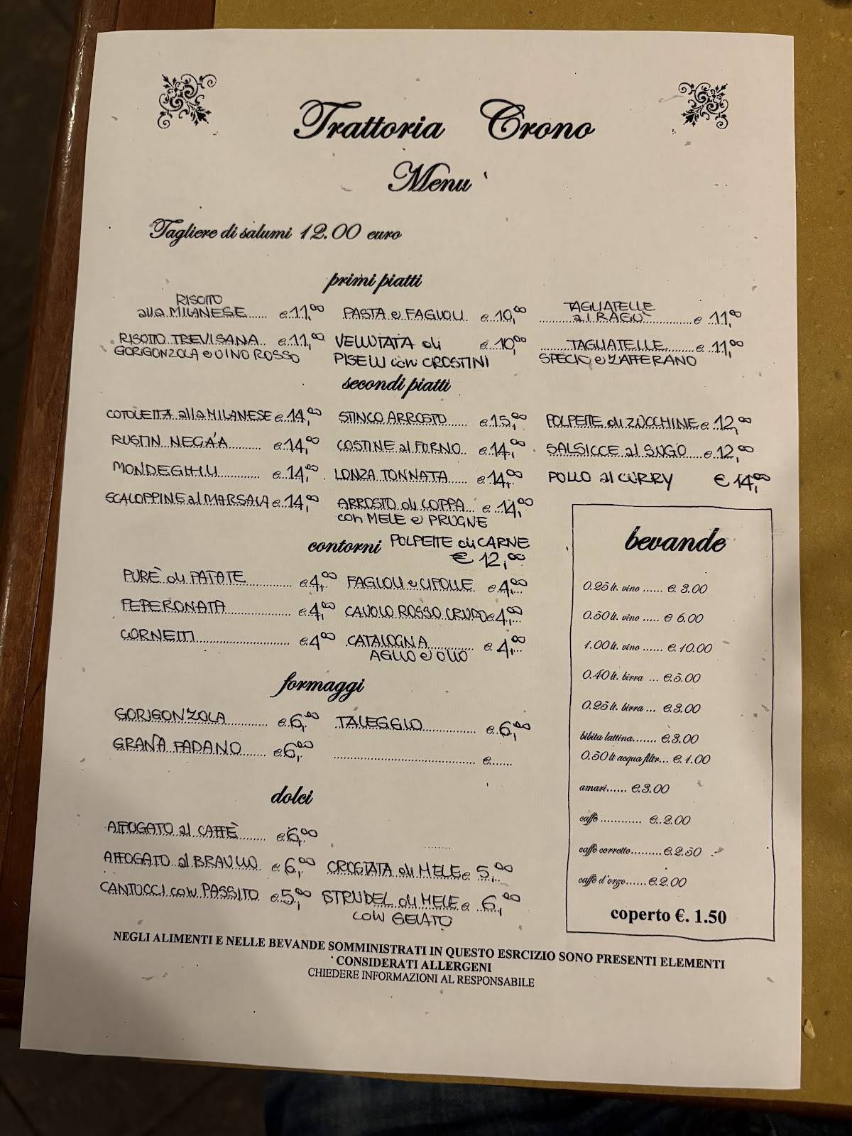 Menu di Trattoria Crono 