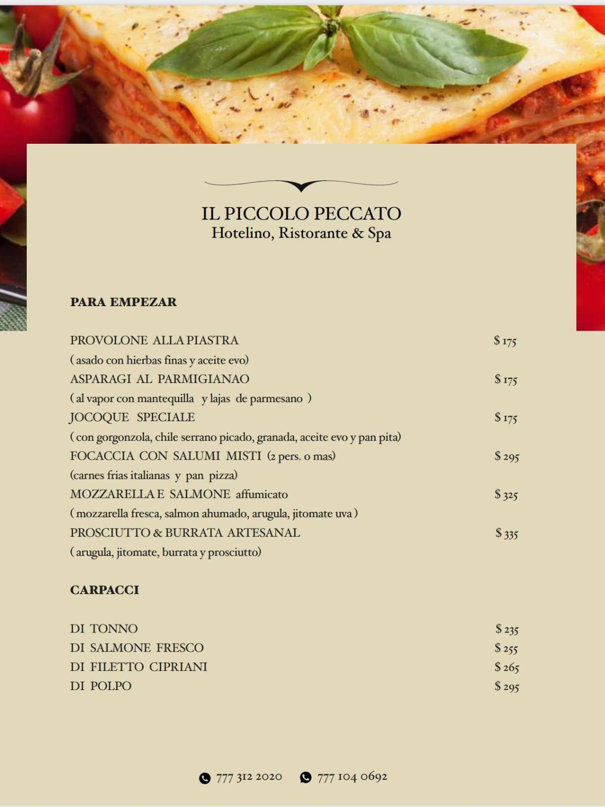 Carta del restaurante IL PICCOLO PECCATO, Cuernavaca