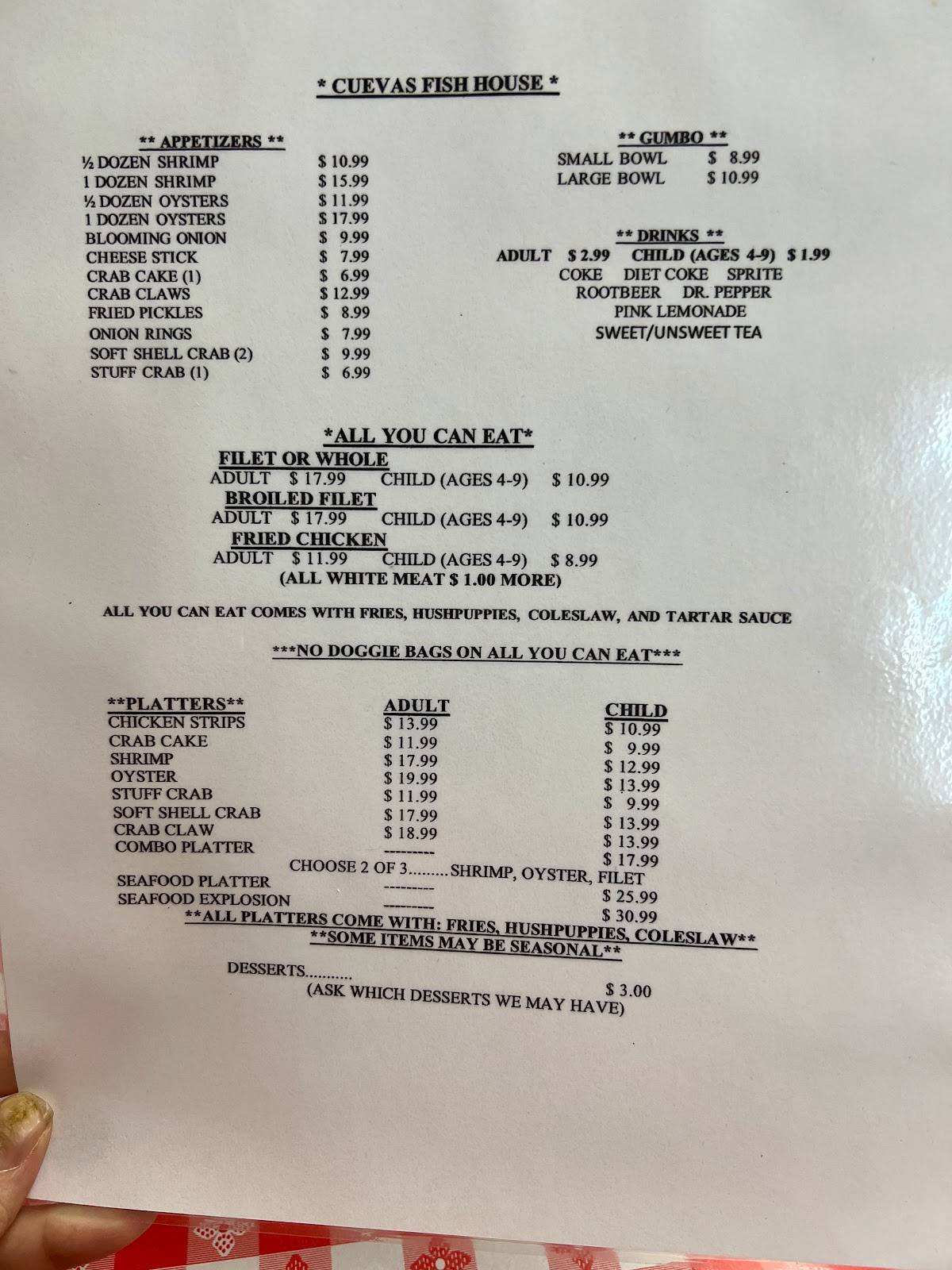 Menu at Cuevas Fish House restaurant, Picayune