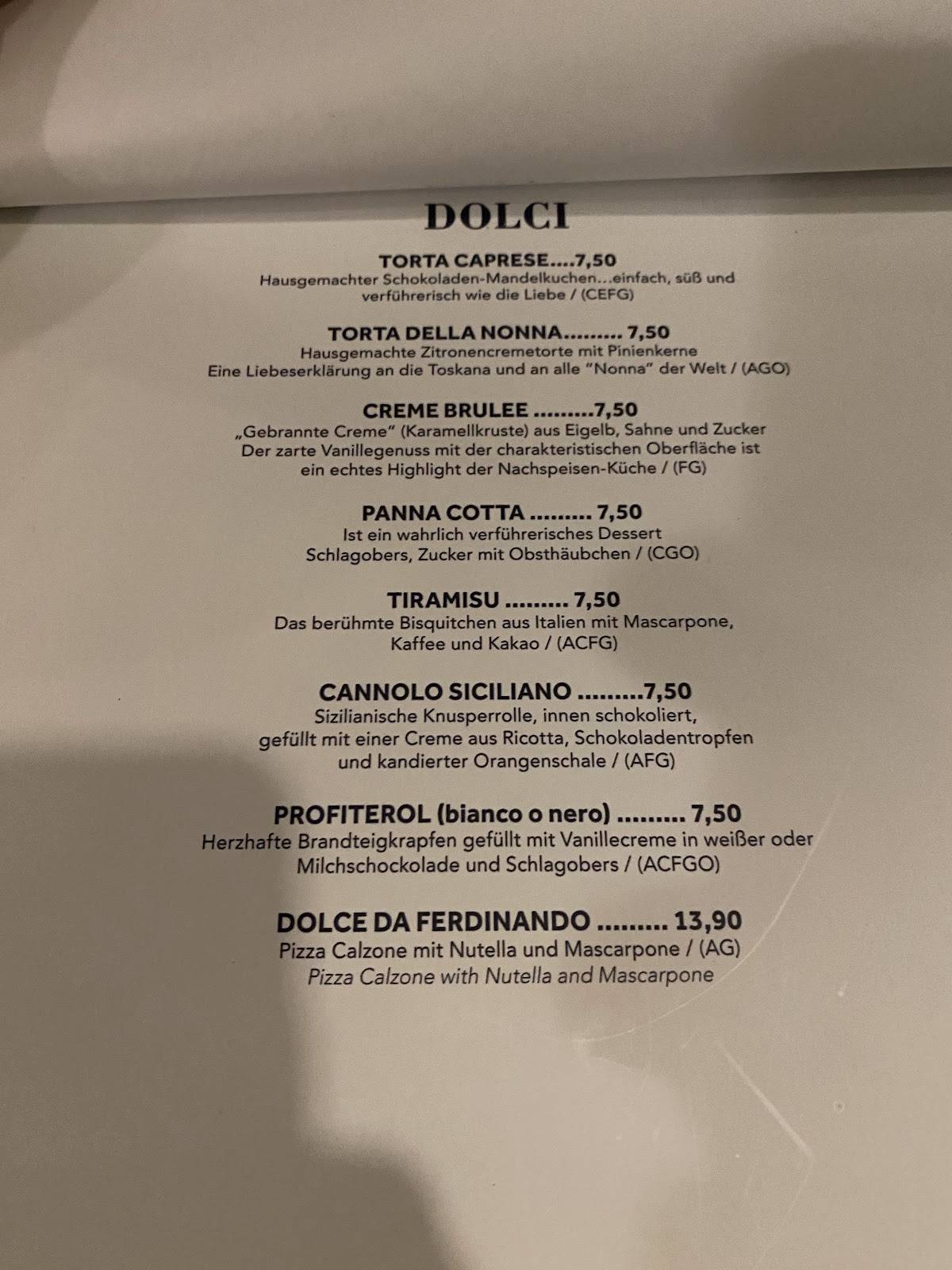 Menu de Da Ferdinando
