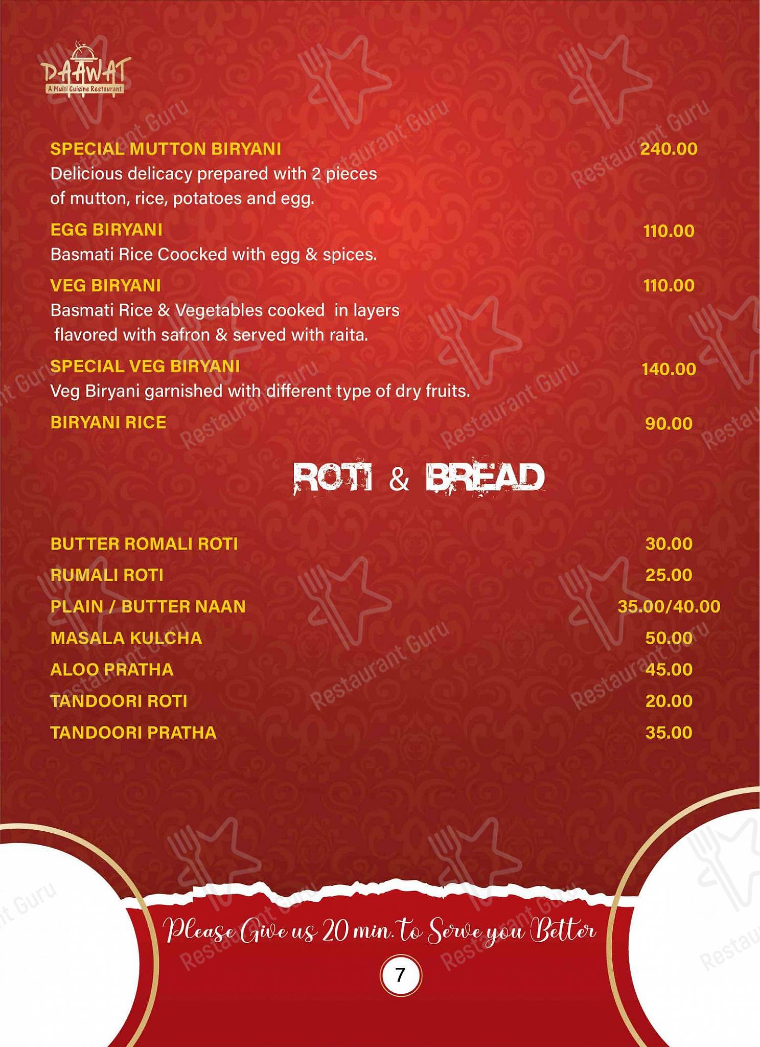 Daawat Restaurant menu