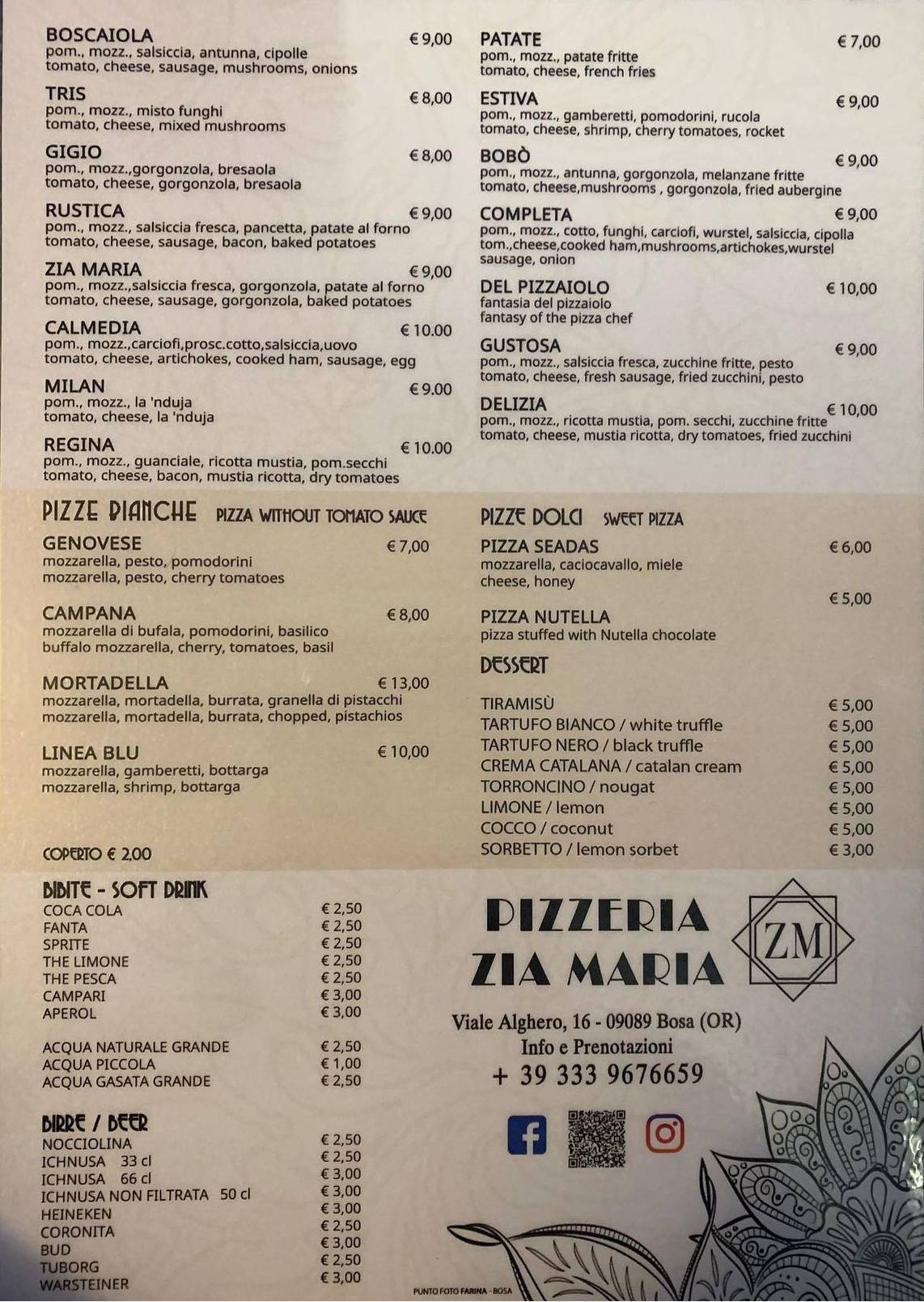 Menu di Dancing Zia Maria 