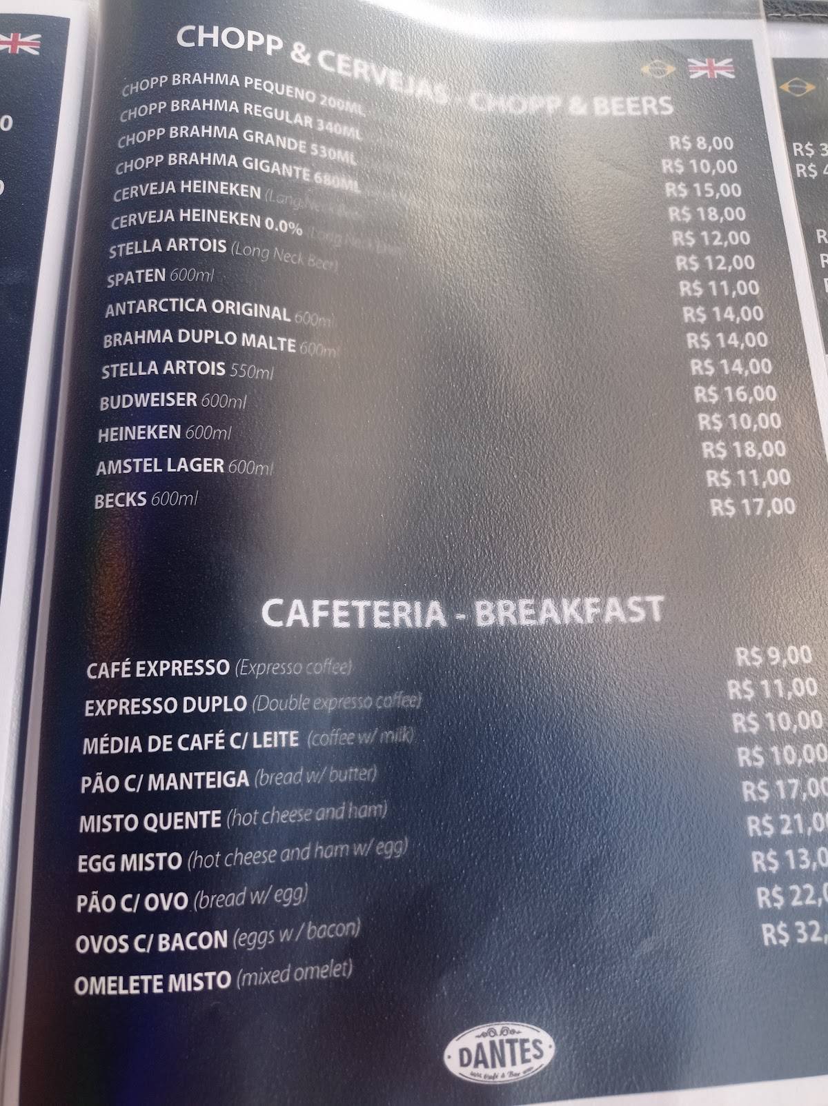 Dantes Café e bar cardápio