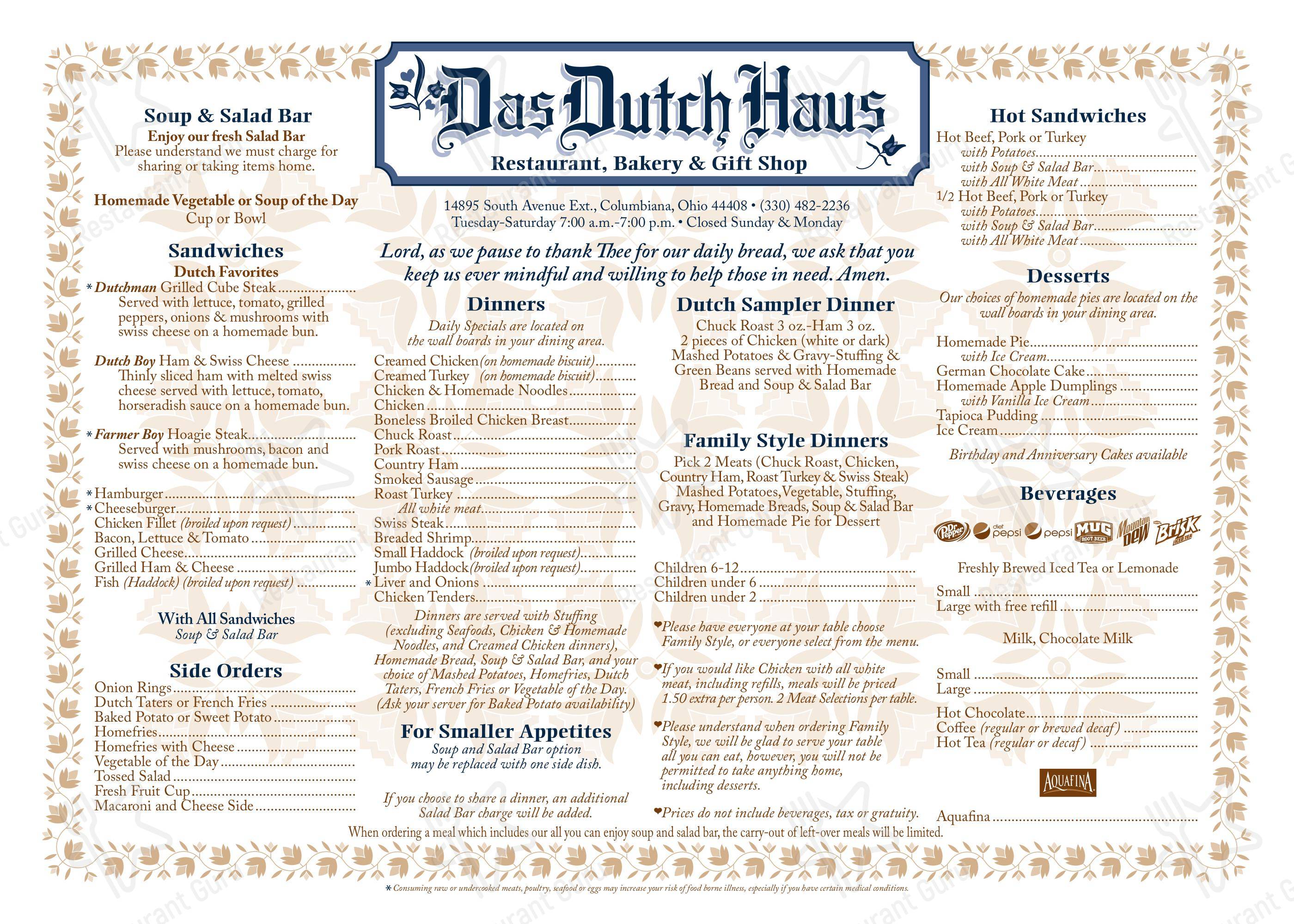 Menu At Das Dutch Haus Restaurant Columbiana   Das Dutch Haus Restaurant Restaurant Menu Lunch 