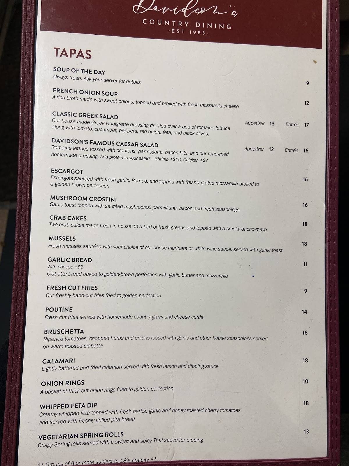 Menu de Davidson's Country Dining