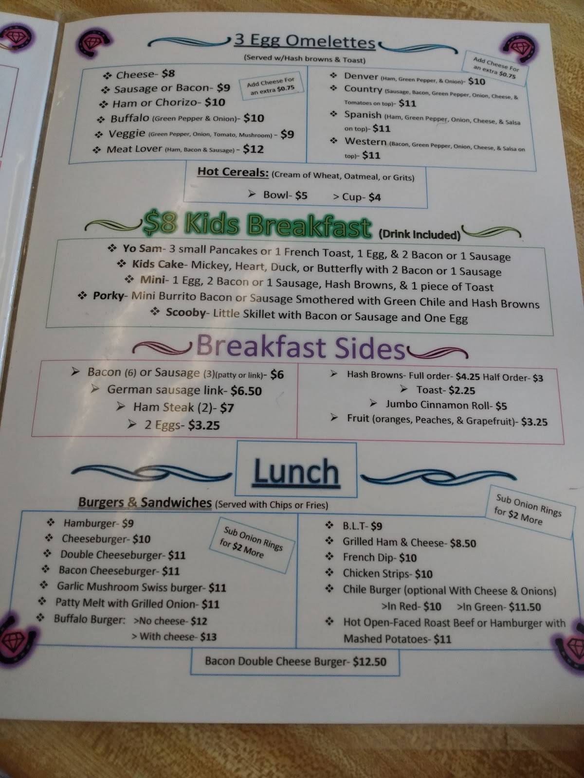 Menu at Diamond Horseshoe Cafe, Cheyenne