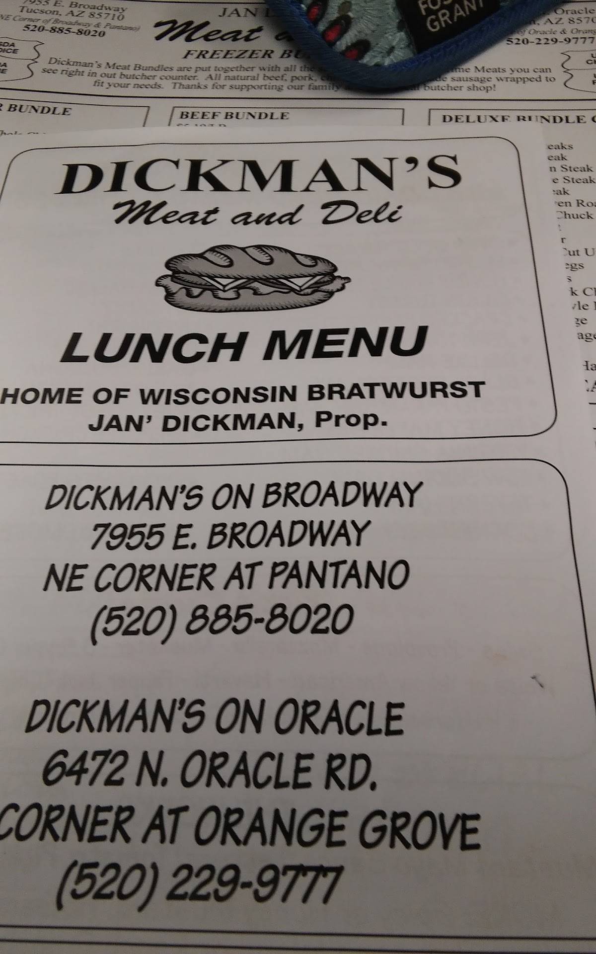 Menu at Dickman's Meat & Deli restaurant, Tucson, E Broadway Blvd