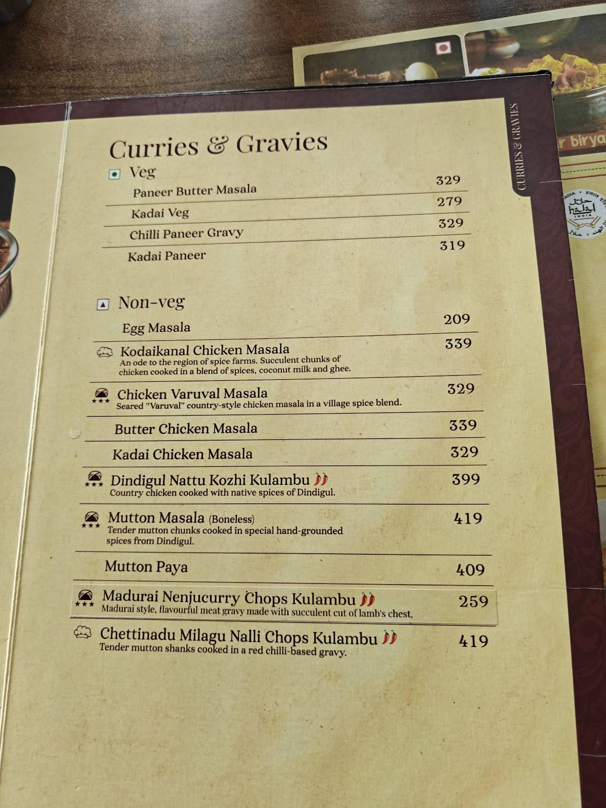 Dindigul Thalappakatti menu