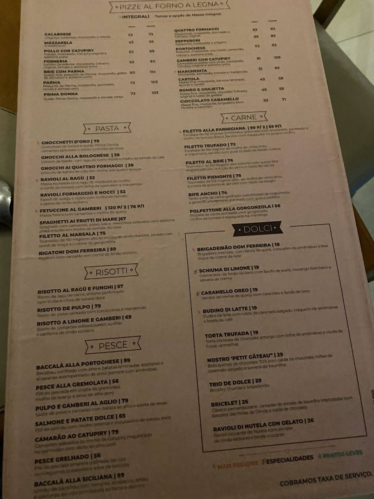 Dom Ferreira Forneria cardápio