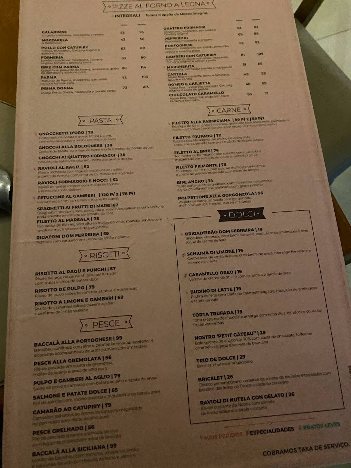 Dom Ferreira Forneria cardápio